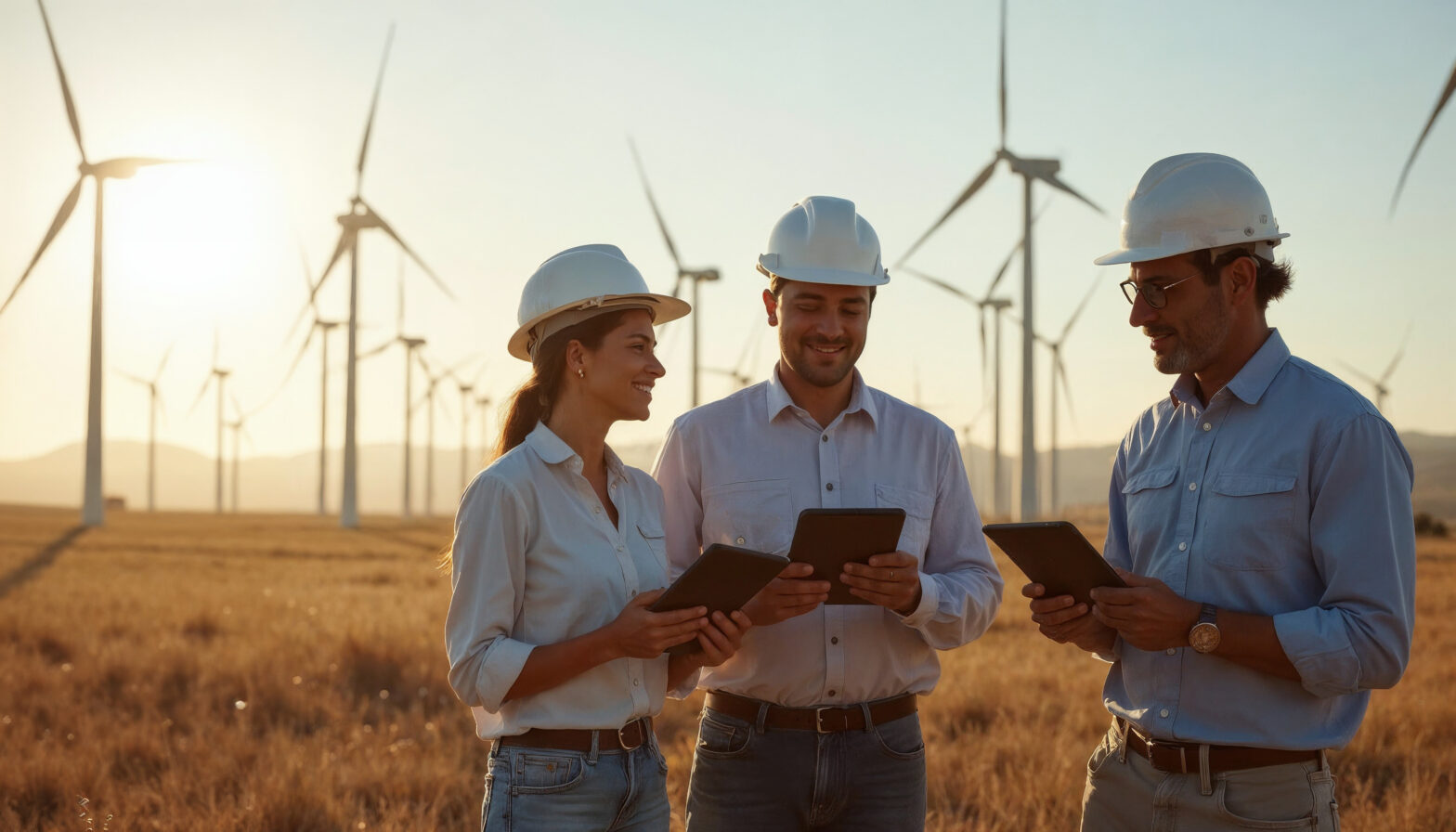 Renewable energy professionals collaborating on innovative projects in a sustainable workplace.