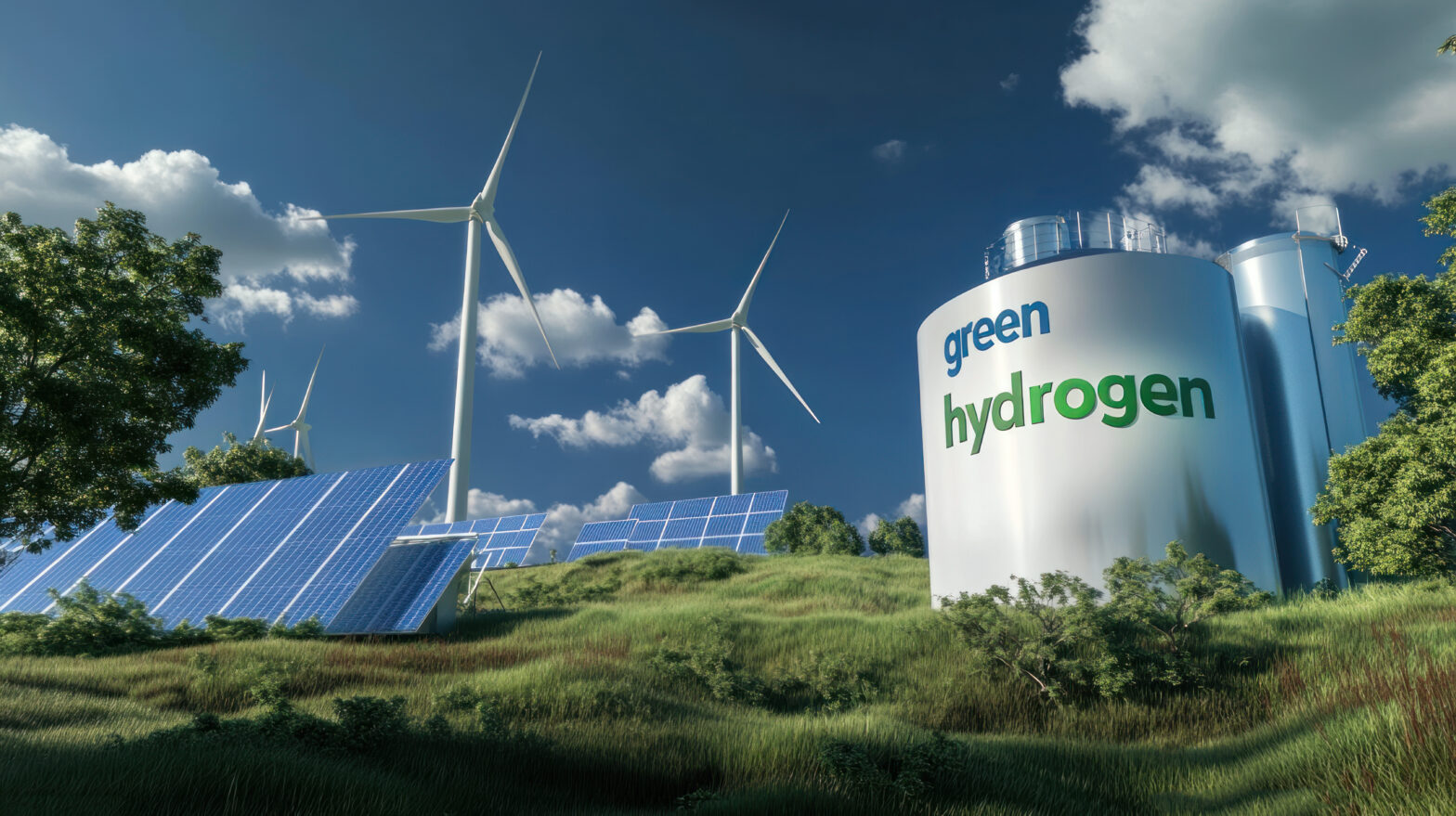 A green hydrogen production facility with solar panels, wind turbines, and hydrogen storage tanks in a sustainable energy landscape.